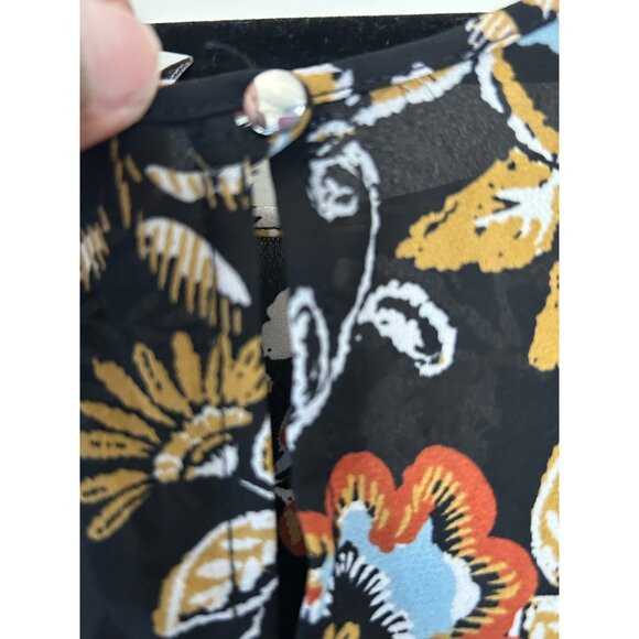 Floral Print Short-Sleeve Blouse XL Black Gold Blue Polyester - Picture 4 of 8